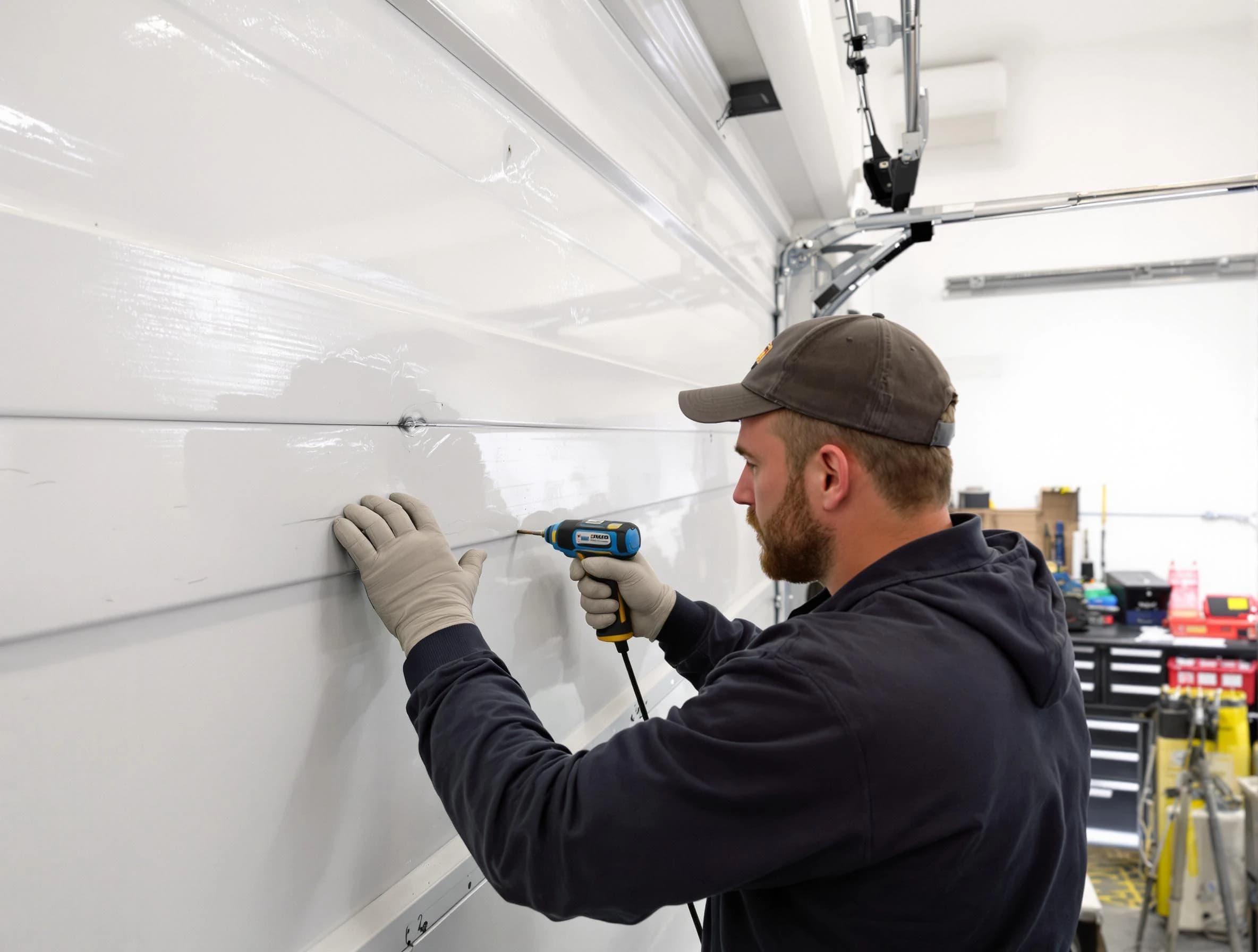 Franklin Garage Door Repair technician demonstrating precision dent removal techniques on a Franklin garage door