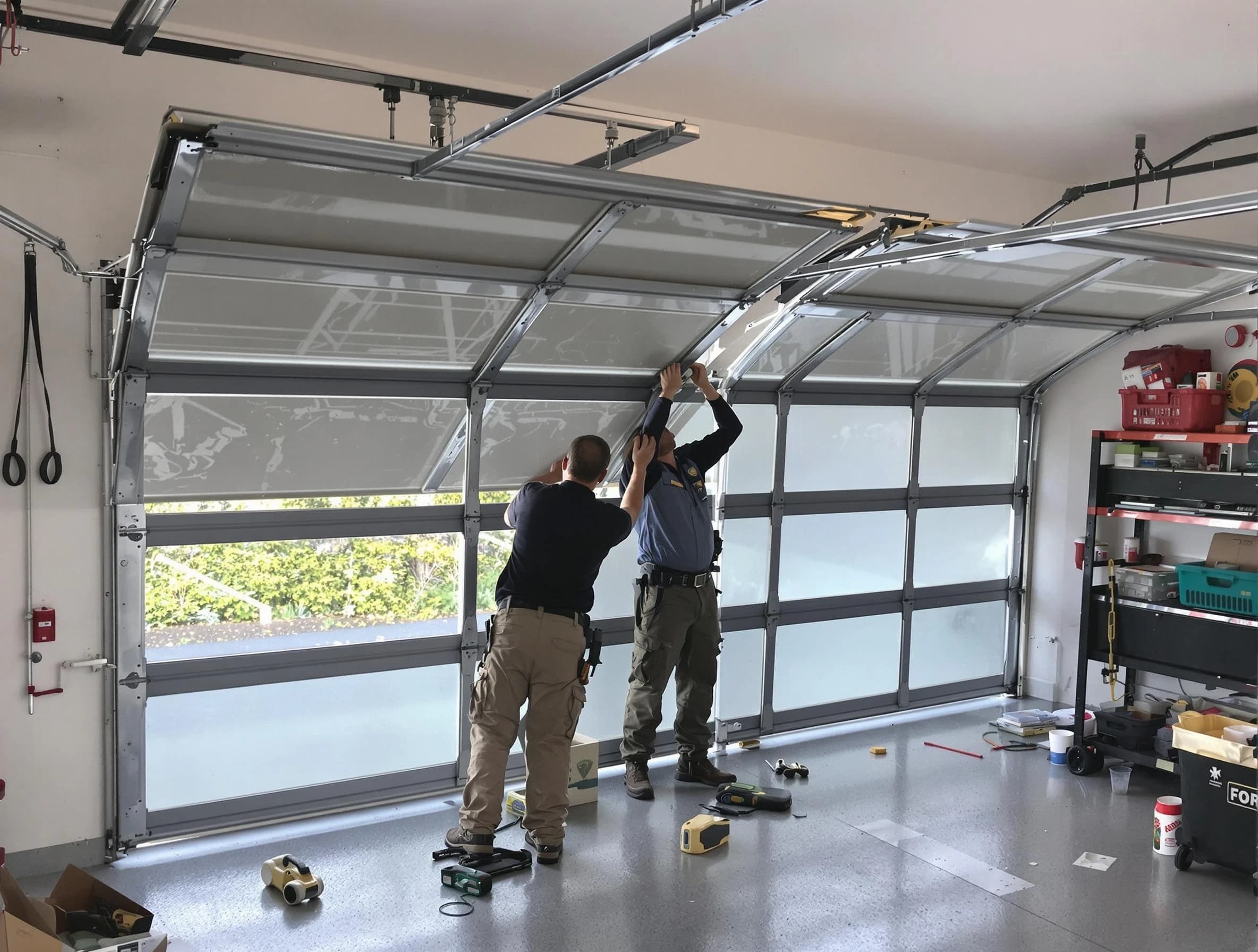 Franklin Garage Door Repair expert performing precise panel replacement on Franklin garage door